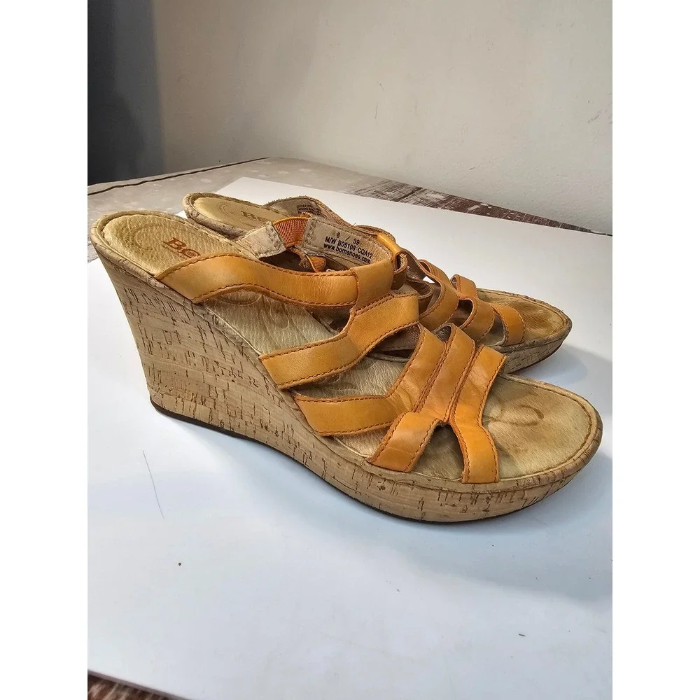 Born Mustard Yellow color Leather Cork Strappy Wedge Sandals Womens 8